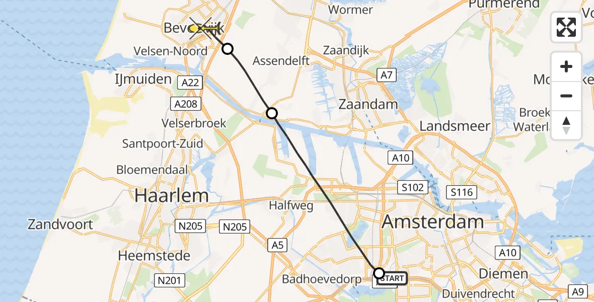 Routekaart van de vlucht: Lifeliner 1 naar Beverwijk