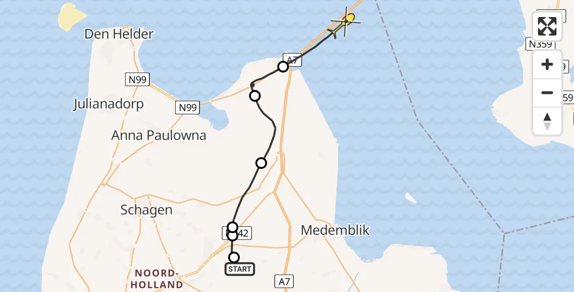 Routekaart van de vlucht: Politieheli naar Den Oever