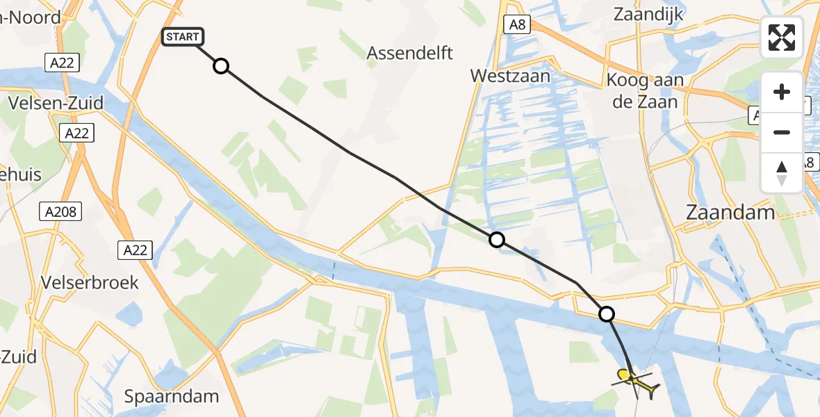 Routekaart van de vlucht: Lifeliner 1 naar Amsterdam Heliport