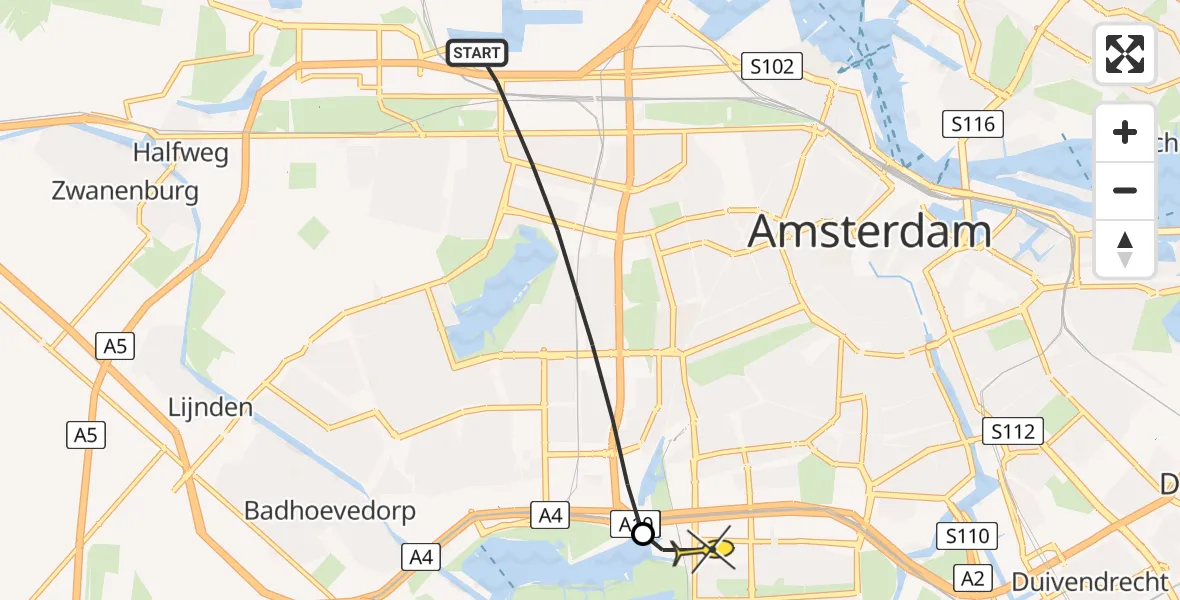 Routekaart van de vlucht: Lifeliner 1 naar VU Medisch Centrum Amsterdam