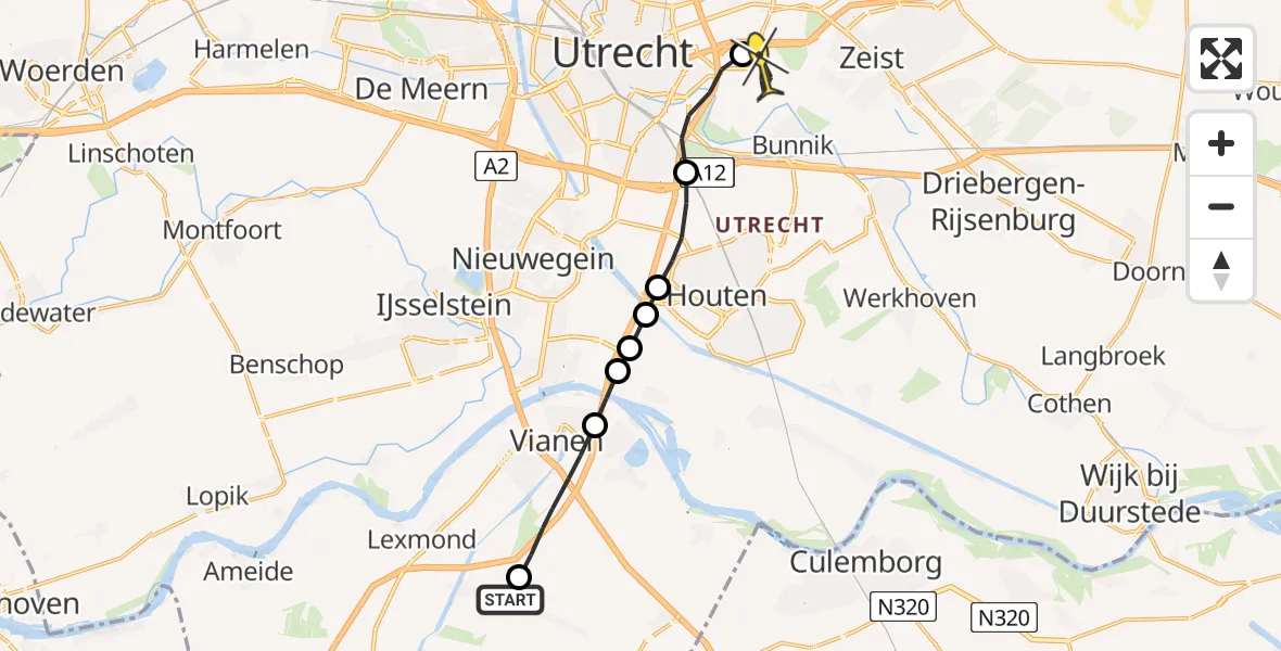 Routekaart van de vlucht: Lifeliner 2 naar Universitair Medisch Centrum Utrecht