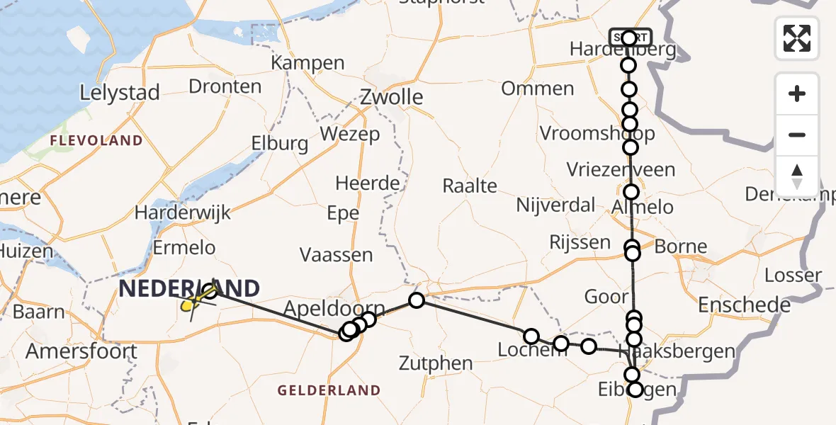 Routekaart van de vlucht: Politieheli naar Putten