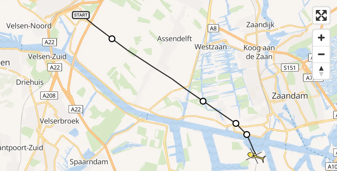 Routekaart van de vlucht: Lifeliner 1 naar Amsterdam Heliport