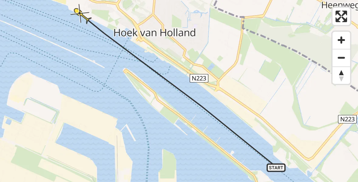 Routekaart van de vlucht: Politiehelikopter naar Hoek van Holland