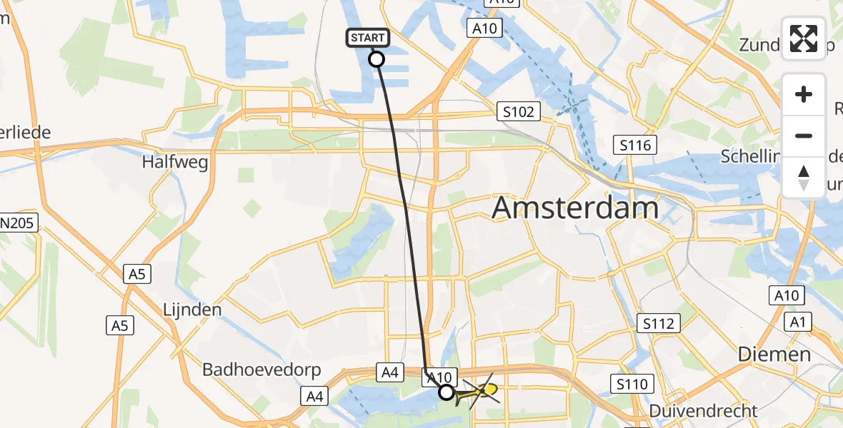 Routekaart van de vlucht: Lifeliner 1 naar VU Medisch Centrum Amsterdam