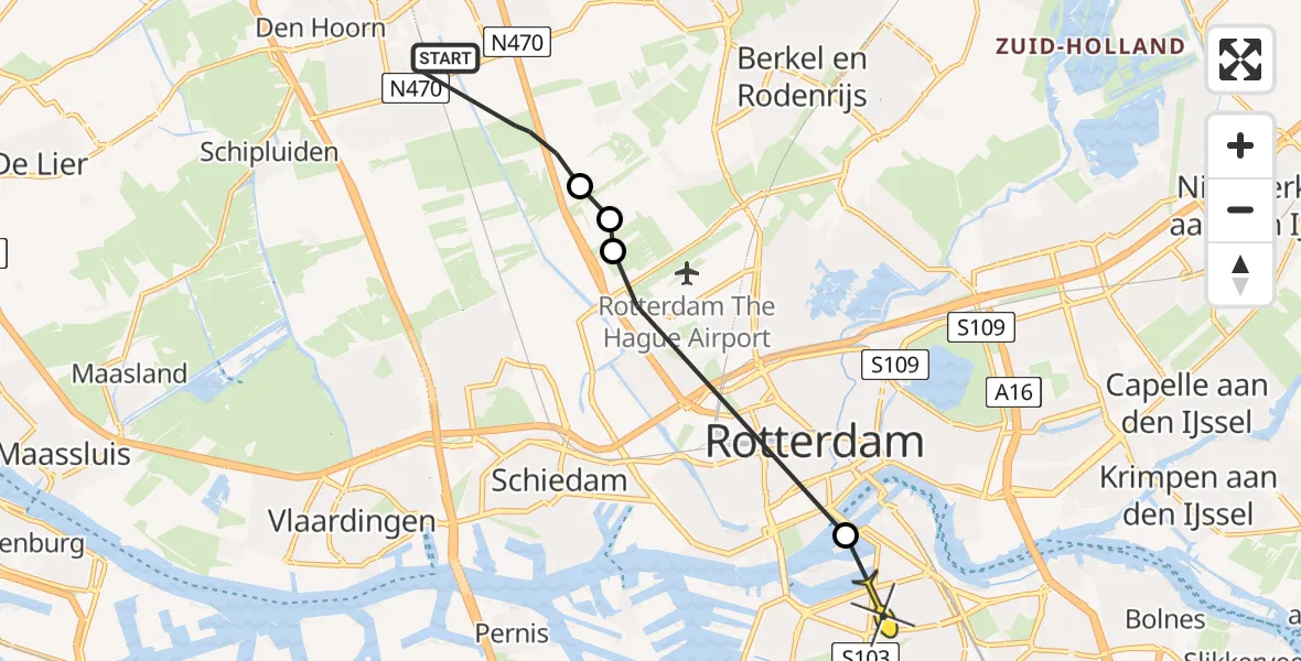 Routekaart van de vlucht: Politieheli naar Rotterdam