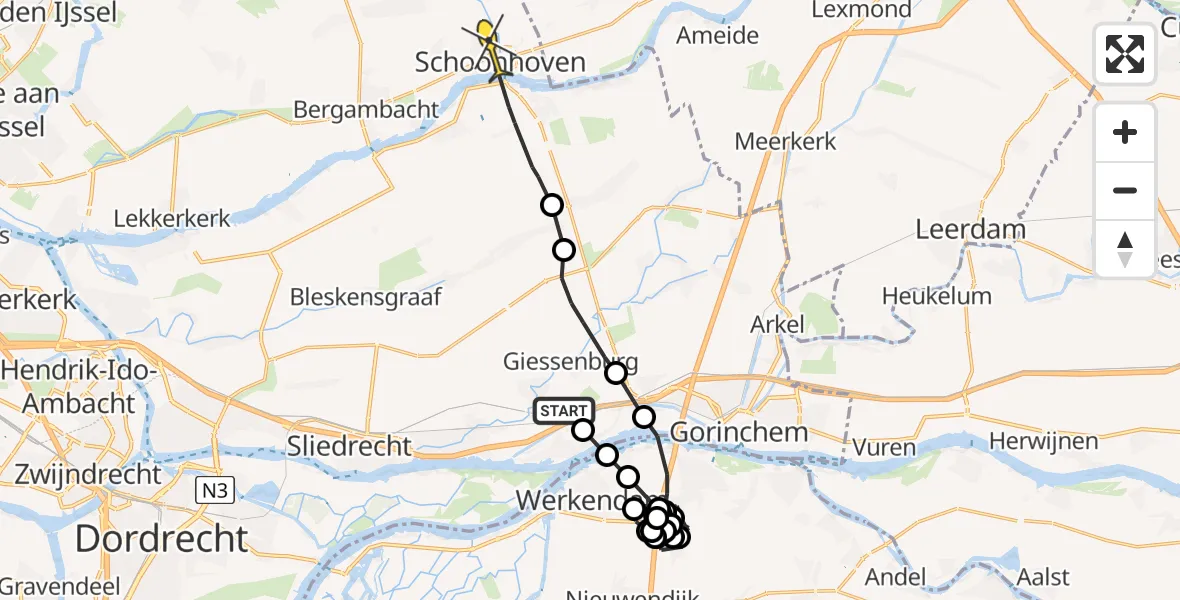 Routekaart van de vlucht: Politieheli naar Schoonhoven