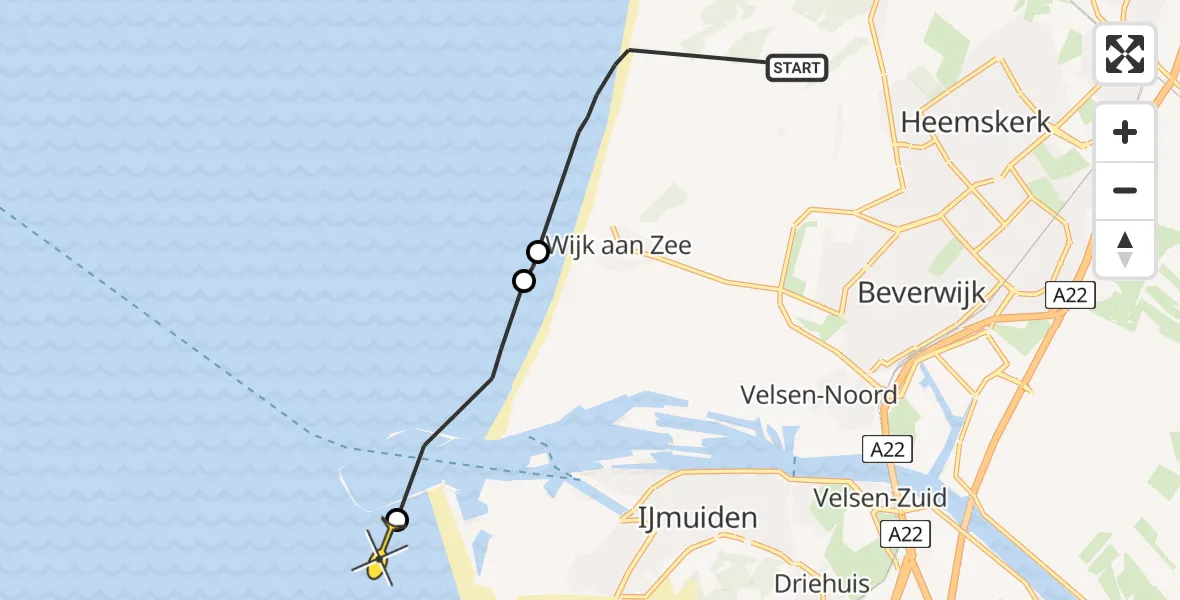 Routekaart van de vlucht: Politiehelikopter naar IJmuiden