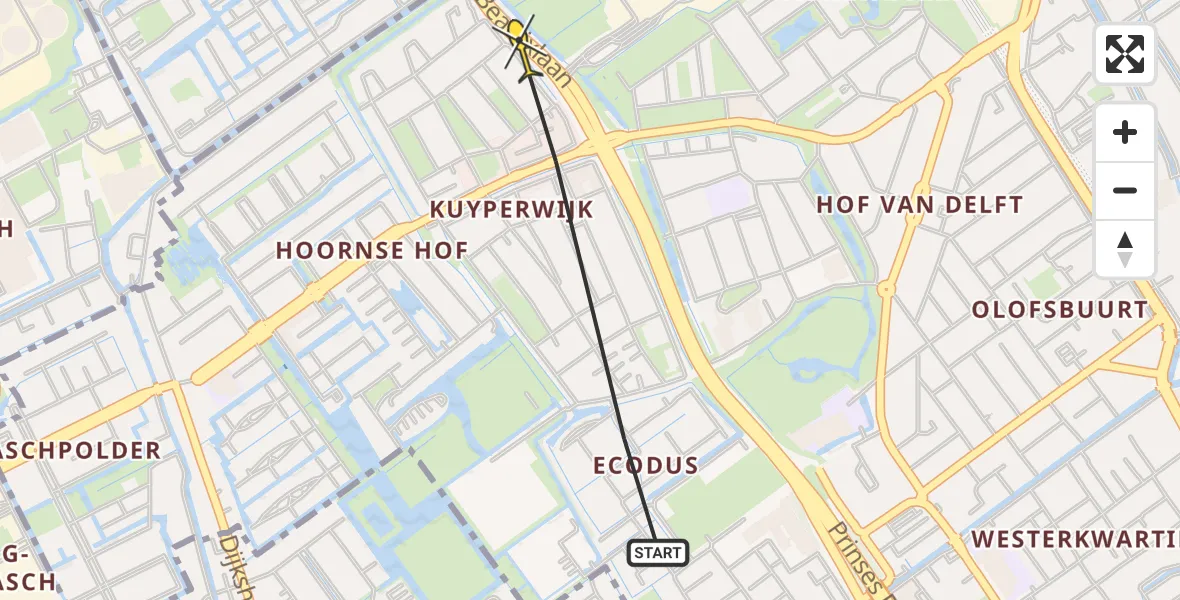 Routekaart van de vlucht: Politieheli naar Delft