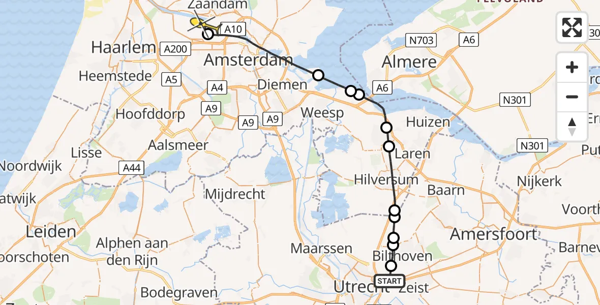 Routekaart van de vlucht: Lifeliner 1 naar Amsterdam Heliport