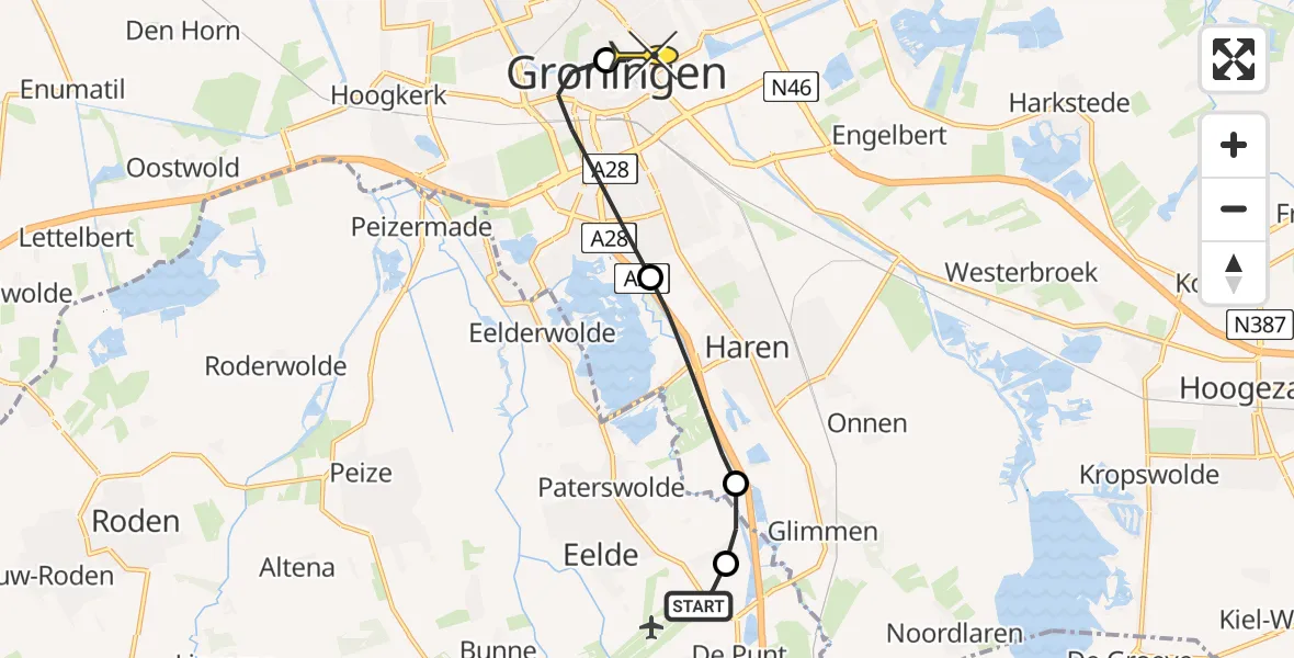 Routekaart van de vlucht: Lifeliner 4 naar Universitair Medisch Centrum Groningen