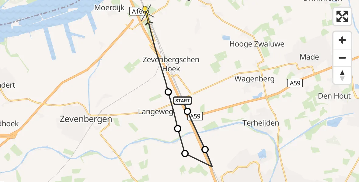 Routekaart van de vlucht: Politieheli naar Zevenbergschen Hoek