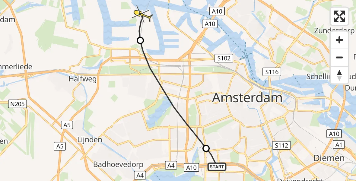 Routekaart van de vlucht: Lifeliner 1 naar Amsterdam Heliport