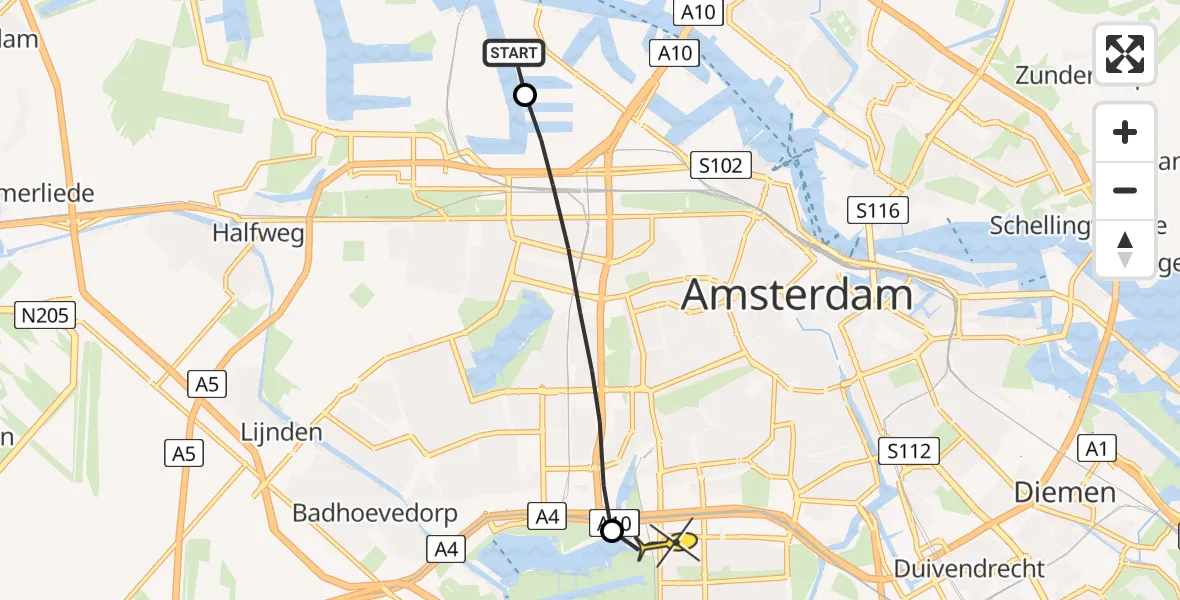 Routekaart van de vlucht: Lifeliner 1 naar VU Medisch Centrum Amsterdam