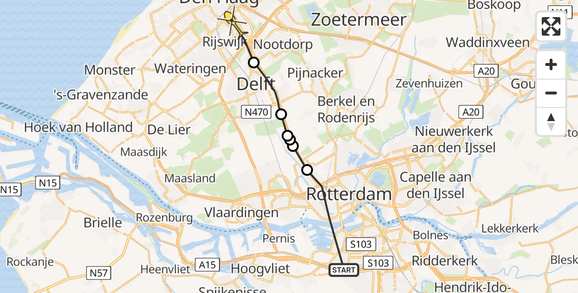 Vluchtroute Politiehelikopter van Rotterdam naar Den Haag