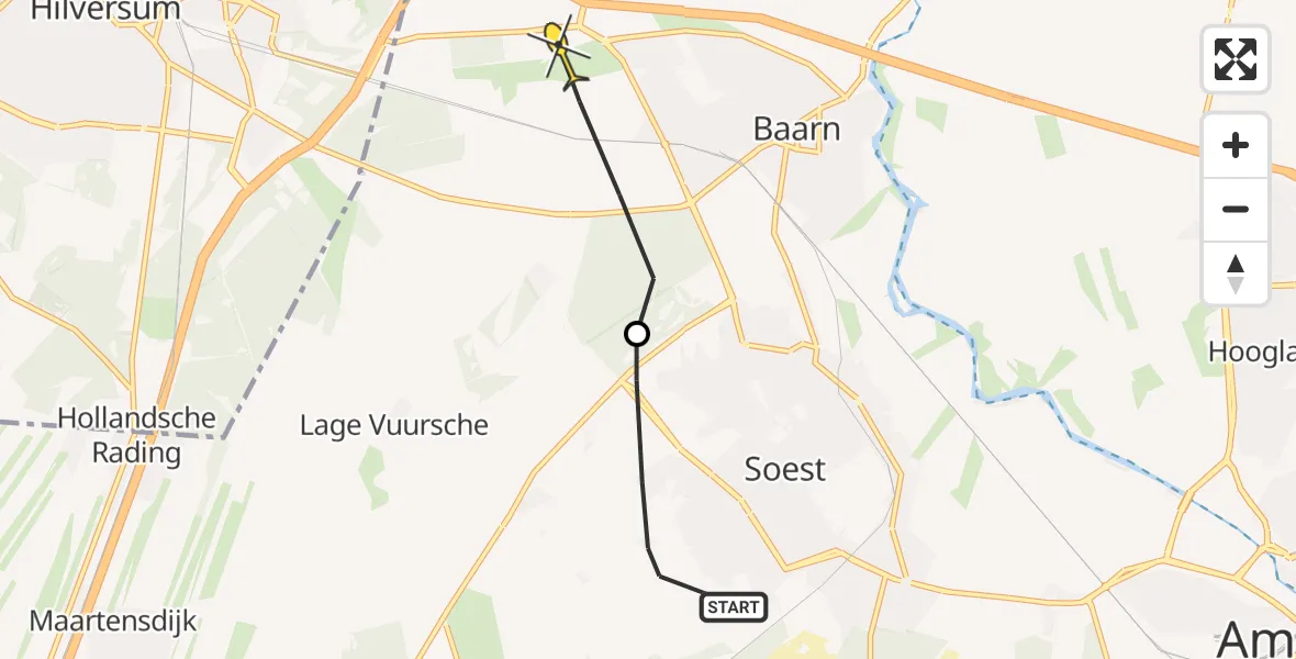 Routekaart van de vlucht: Politiehelikopter naar Baarn