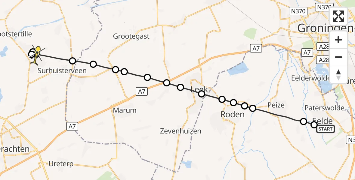 Routekaart van de vlucht: Lifeliner 4 naar Harkema