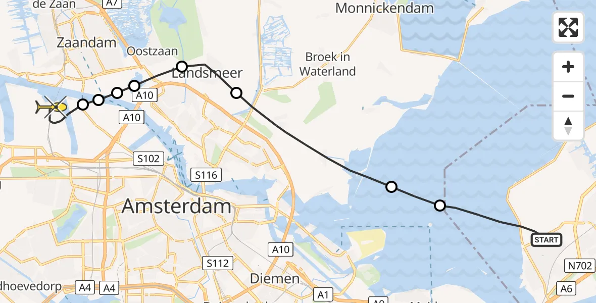 Routekaart van de vlucht: Lifeliner 1 naar Amsterdam Heliport