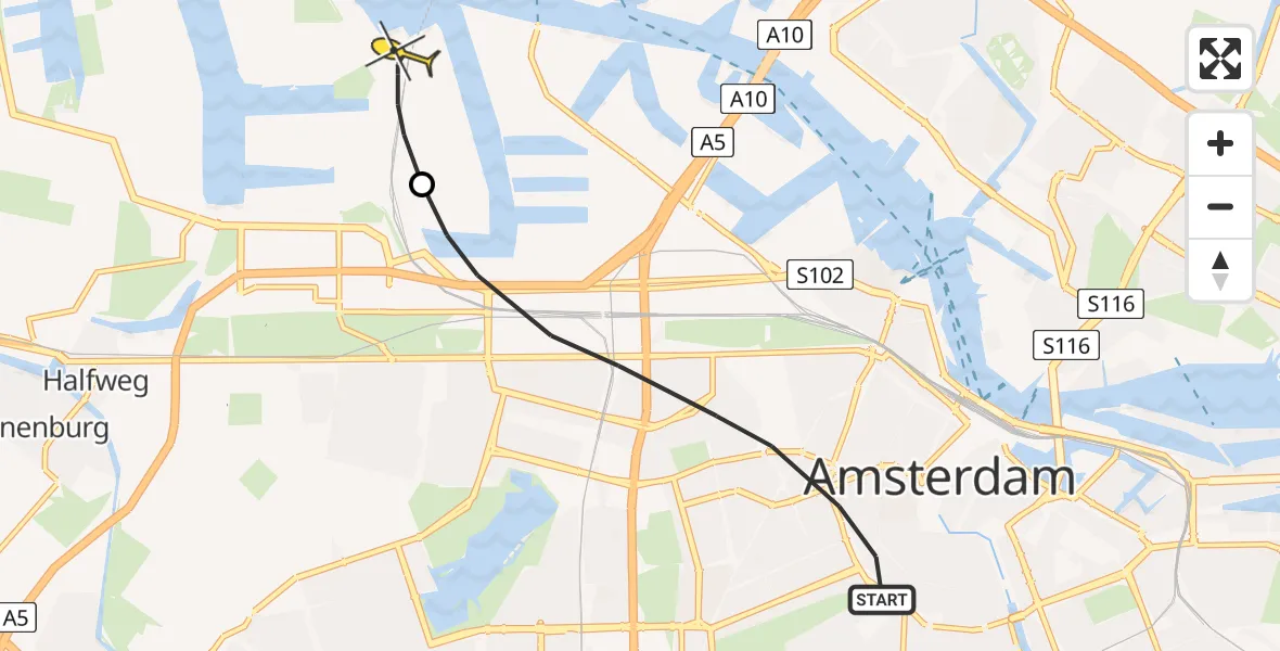 Routekaart van de vlucht: Lifeliner 1 naar Amsterdam Heliport