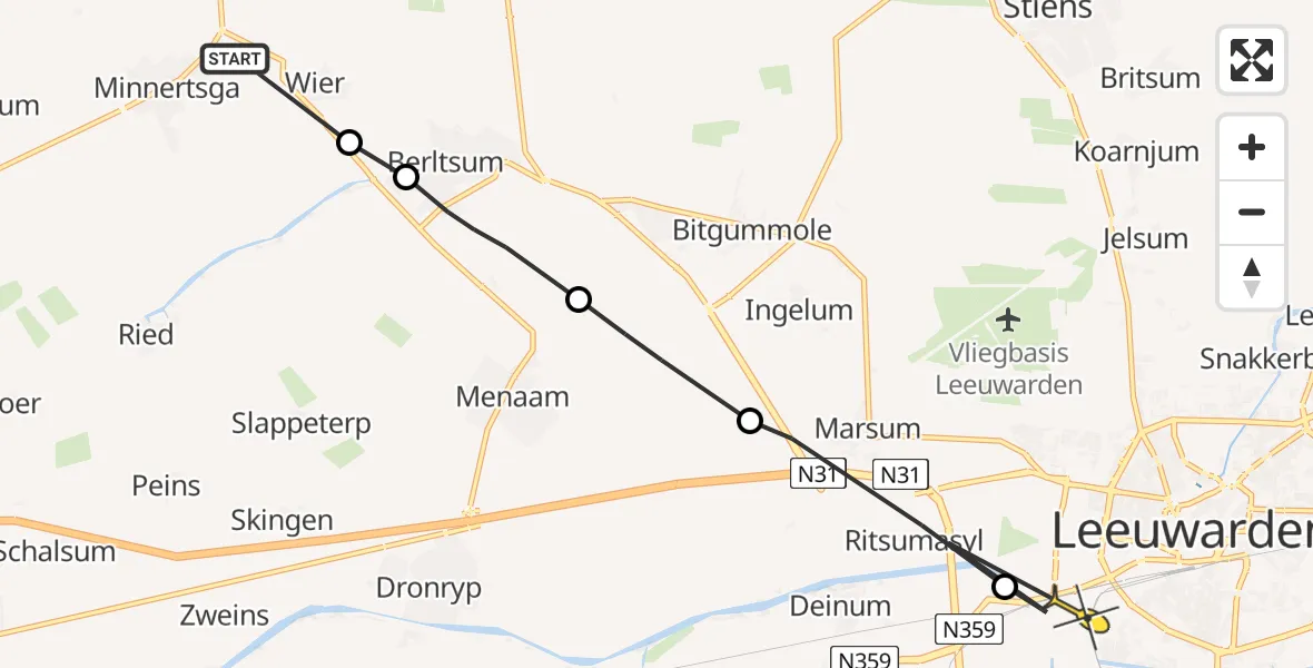 Vluchtroute Ambulancehelikopter van Minnertsga naar Leeuwarden