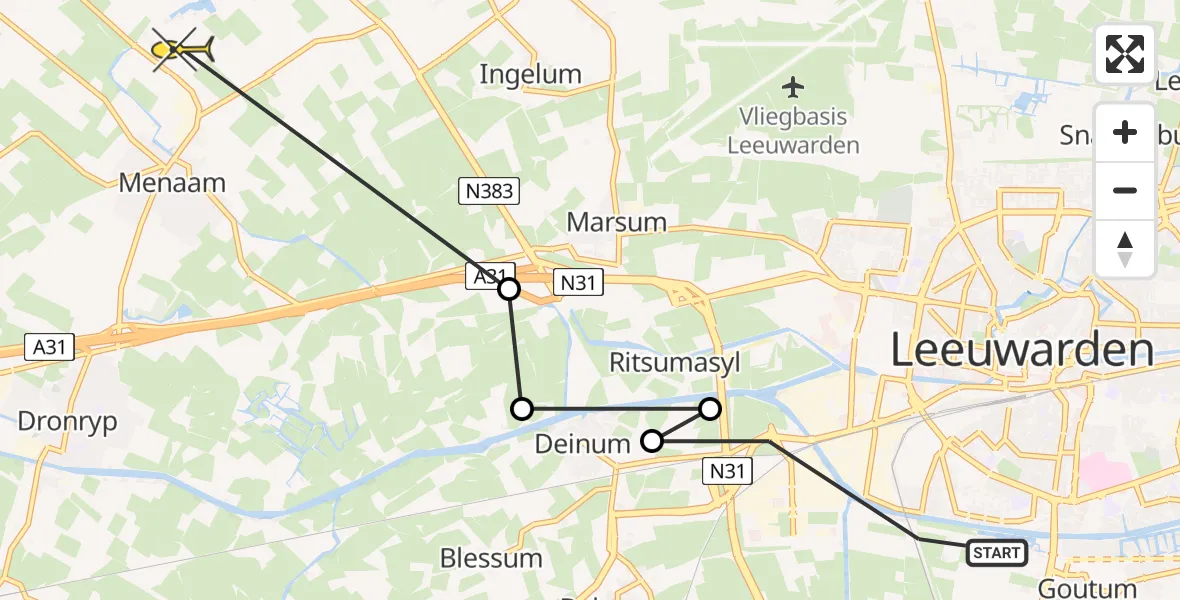 Routekaart van de vlucht: Ambulanceheli naar Menaam