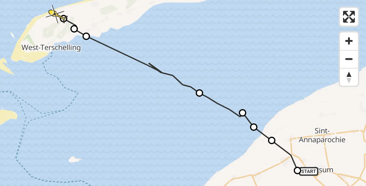 Routekaart van de vlucht: Ambulanceheli naar West-Terschelling