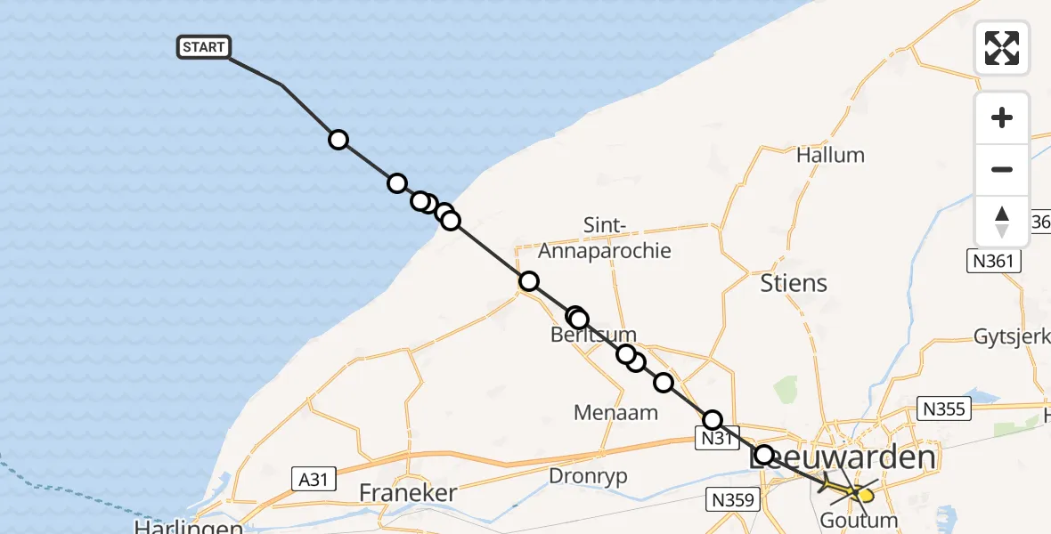 Routekaart van de vlucht: Ambulanceheli naar Leeuwarden