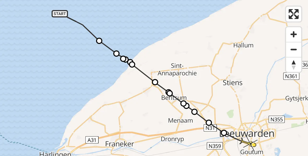 Routekaart van de vlucht: Ambulancehelikopter naar Leeuwarden