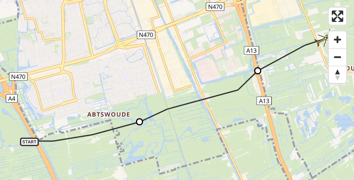 Routekaart van de vlucht: Politieheli naar Delfgauw