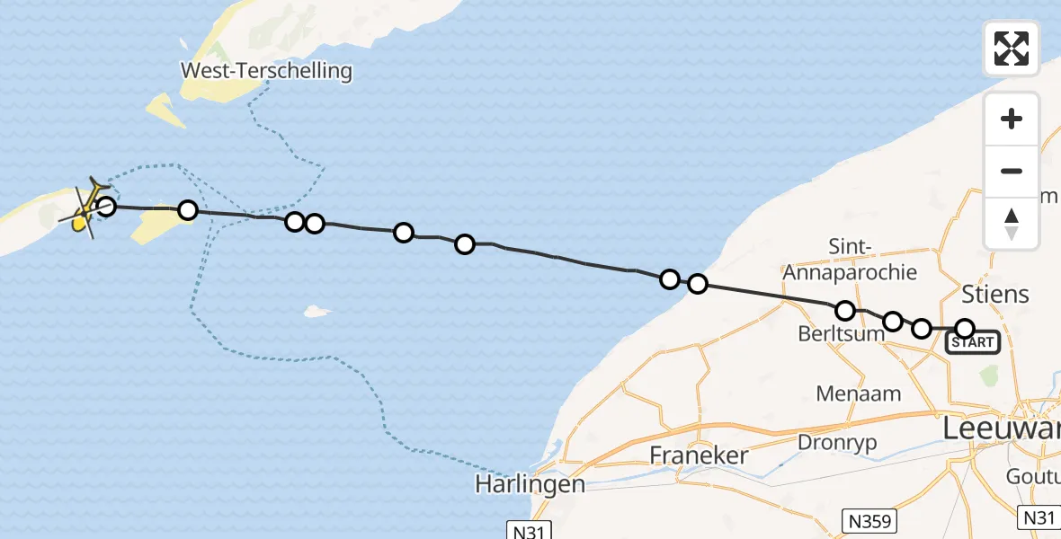 Routekaart van de vlucht: Ambulanceheli naar Vlieland Heliport