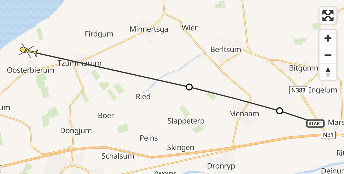 Routekaart van de vlucht: Ambulanceheli naar Oosterbierum