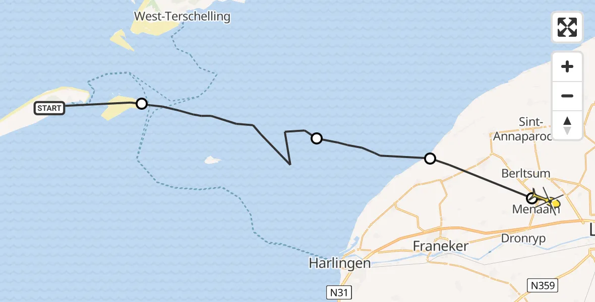 Routekaart van de vlucht: Ambulanceheli naar Menaam