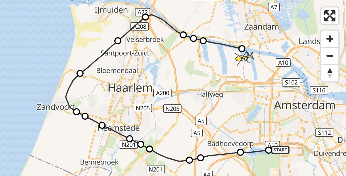 Routekaart van de vlucht: Lifeliner 1 naar Amsterdam Heliport