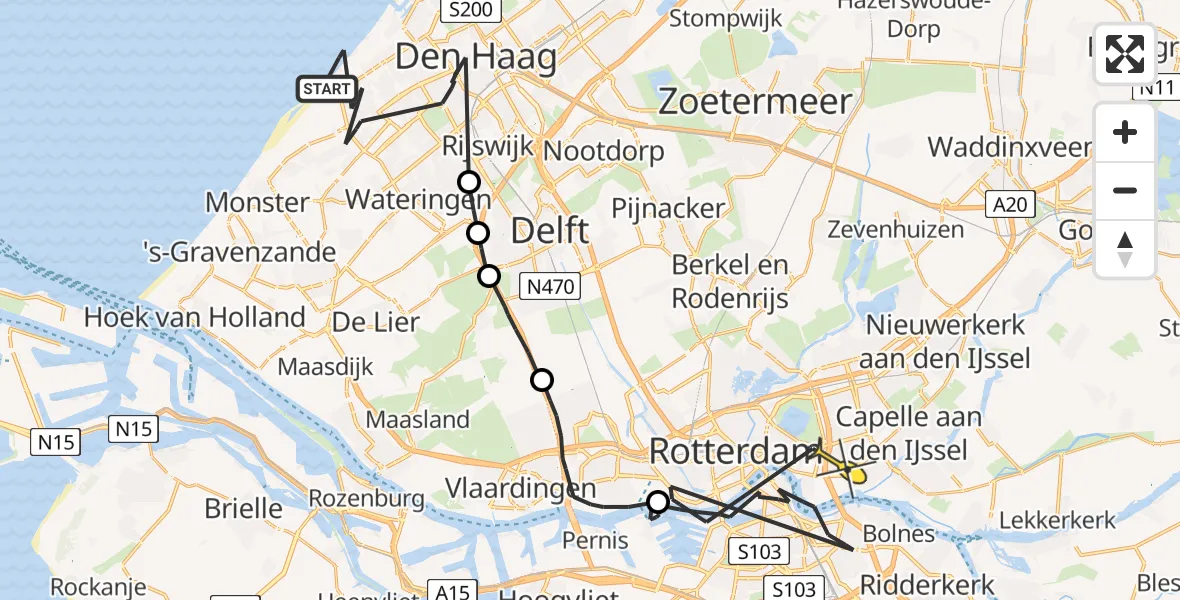 Routekaart van de vlucht: Politieheli naar Rotterdam