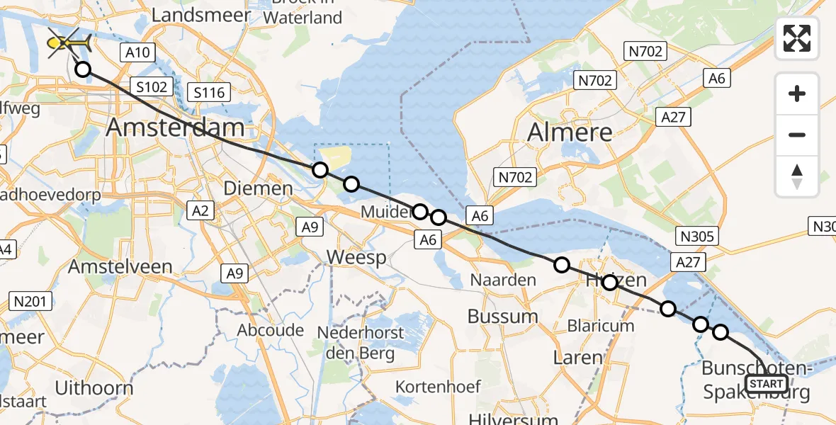 Routekaart van de vlucht: Lifeliner 1 naar Amsterdam Heliport