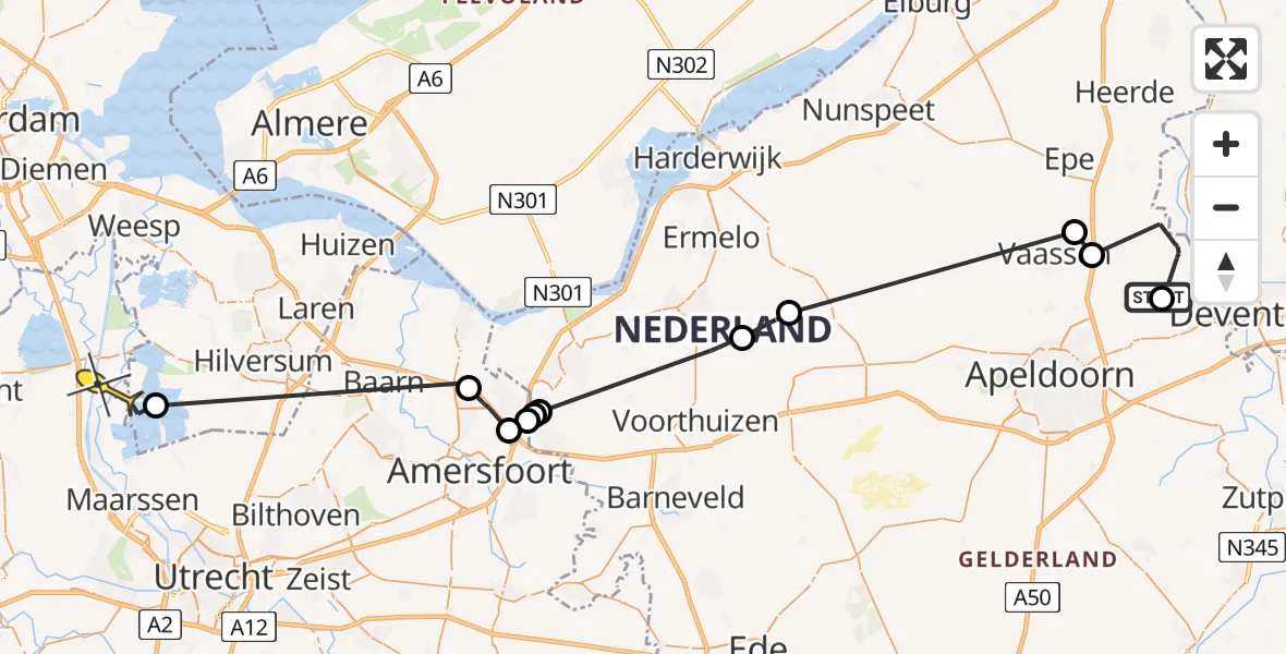 Routekaart van de vlucht: Politiehelikopter naar Loenen aan de Vecht