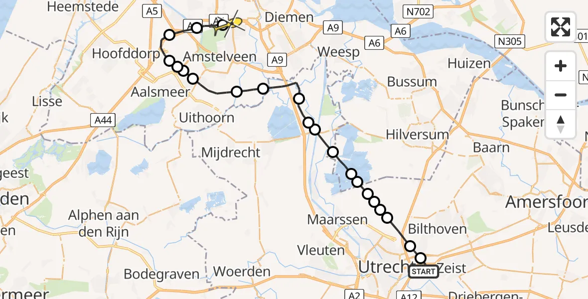 Routekaart van de vlucht: Lifeliner 1 naar VU Medisch Centrum Amsterdam