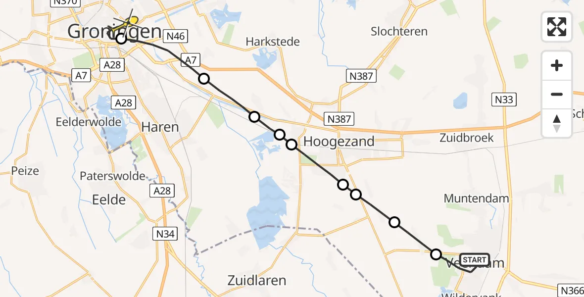 Routekaart van de vlucht: Lifeliner 4 naar Universitair Medisch Centrum Groningen