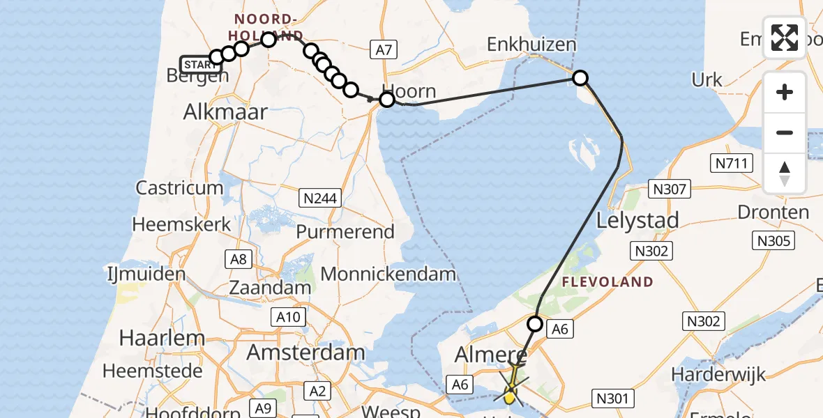 Routekaart van de vlucht: Politieheli naar Almere