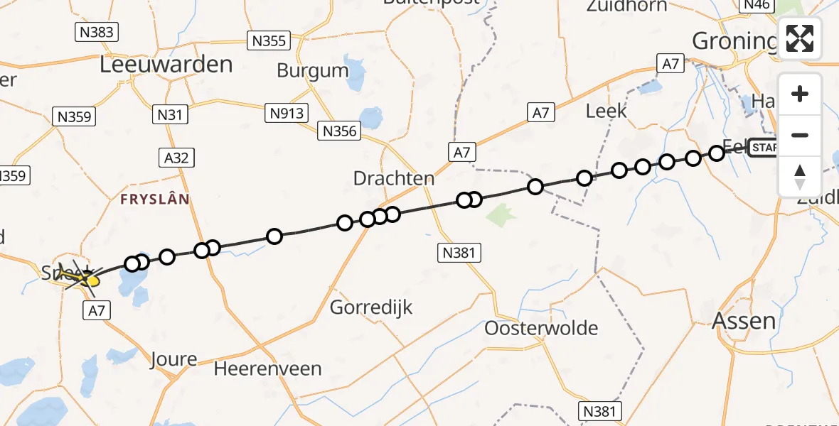 Routekaart van de vlucht: Lifeliner 4 naar Sneek