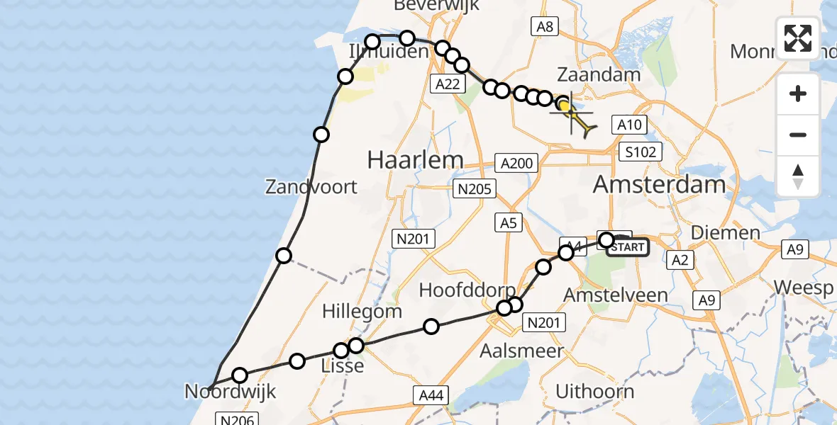 Routekaart van de vlucht: Lifeliner 1 naar Amsterdam Heliport