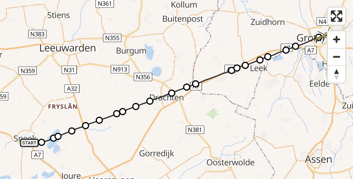 Routekaart van de vlucht: Lifeliner 4 naar Universitair Medisch Centrum Groningen