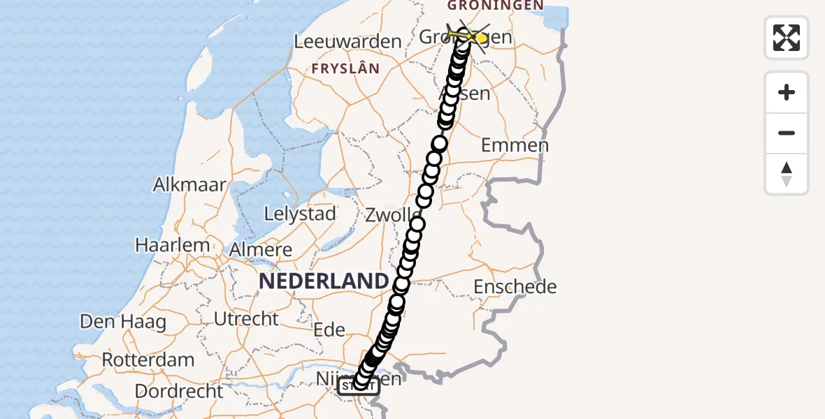Routekaart van de vlucht: Lifeliner 3 naar Universitair Medisch Centrum Groningen