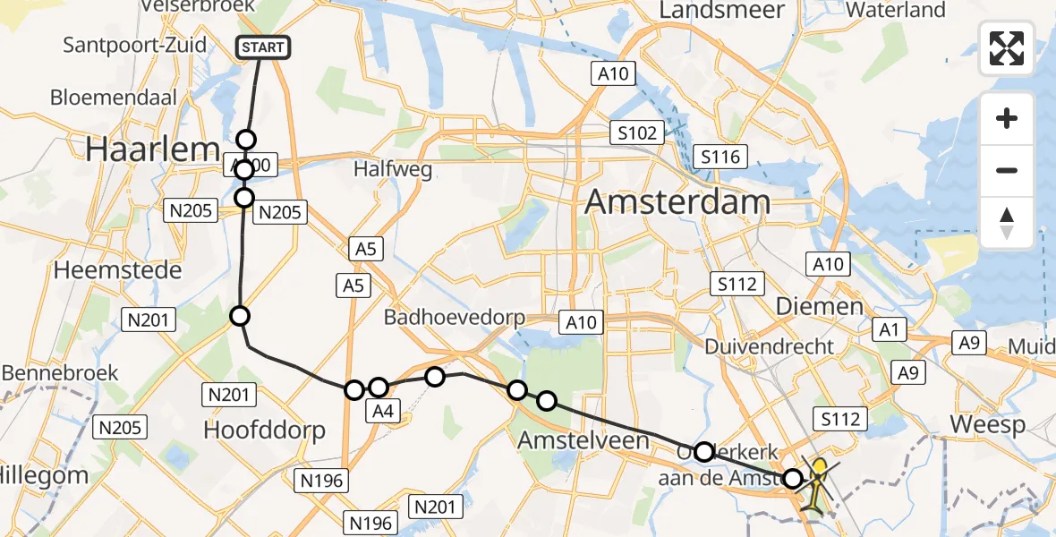 Routekaart van de vlucht: Lifeliner 1 naar Academisch Medisch Centrum (AMC)