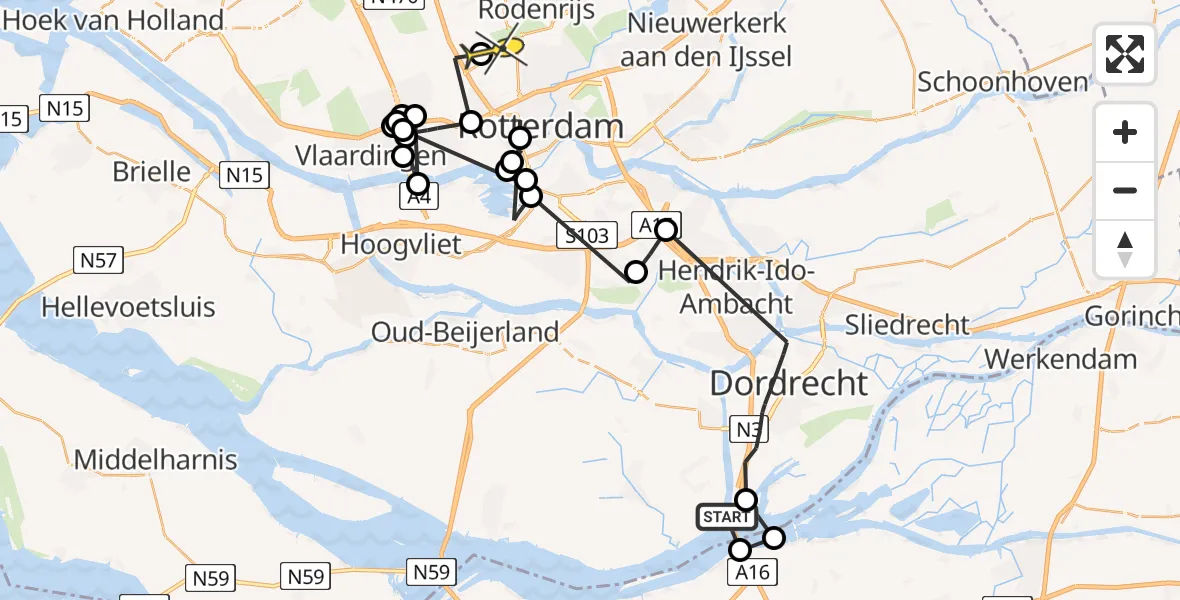 Routekaart van de vlucht: Politieheli naar Rotterdam The Hague Airport