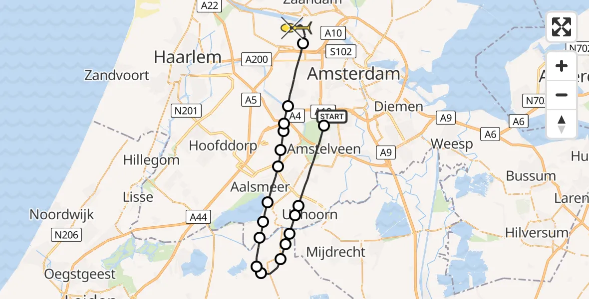 Routekaart van de vlucht: Lifeliner 1 naar Amsterdam Heliport