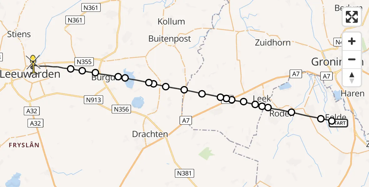 Routekaart van de vlucht: Lifeliner 4 naar Leeuwarden