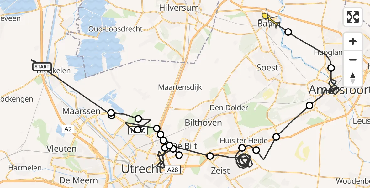 Routekaart van de vlucht: Politieheli naar Baarn