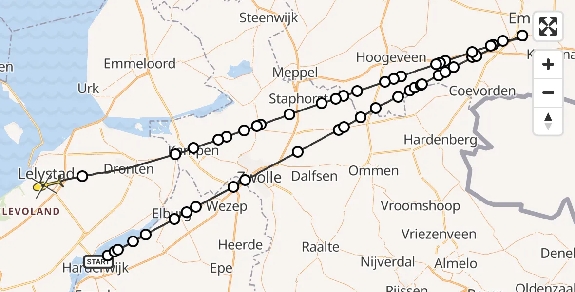 Routekaart van de vlucht: Politieheli naar Lelystad