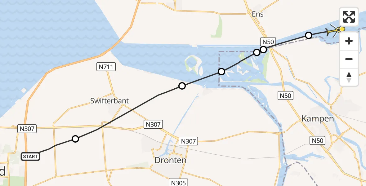 Routekaart van de vlucht: Politiehelikopter naar Kraggenburg